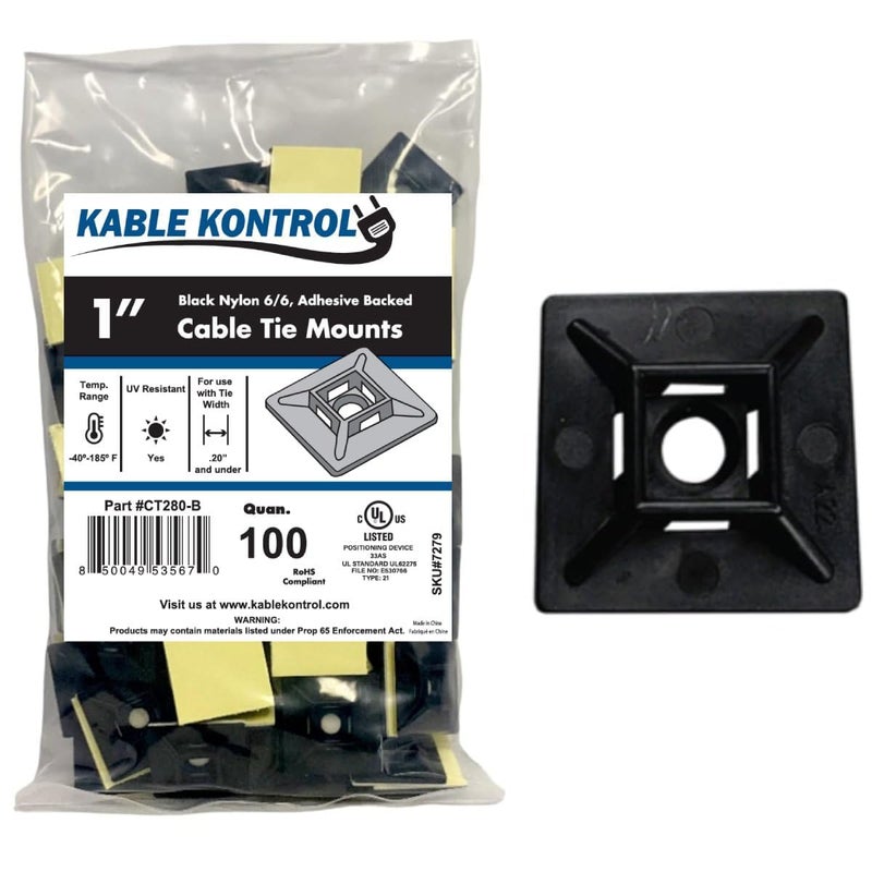 Kable Kontrol Zip Tie Mounts, 1â€ Sq, Black, 100 Pcs, Adhesive Backed Multi-Purpose UV-Resistant Mounting Squares Nylon Cable Tie Wrap Anchor Pads for Cable Management - Image 1